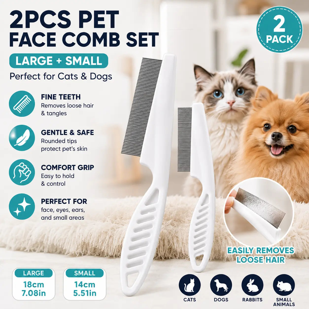 2PCS Pet Face Comb Set for Cats & Dogs, Fine Tooth Stainless Steel Grooming Comb🐾
