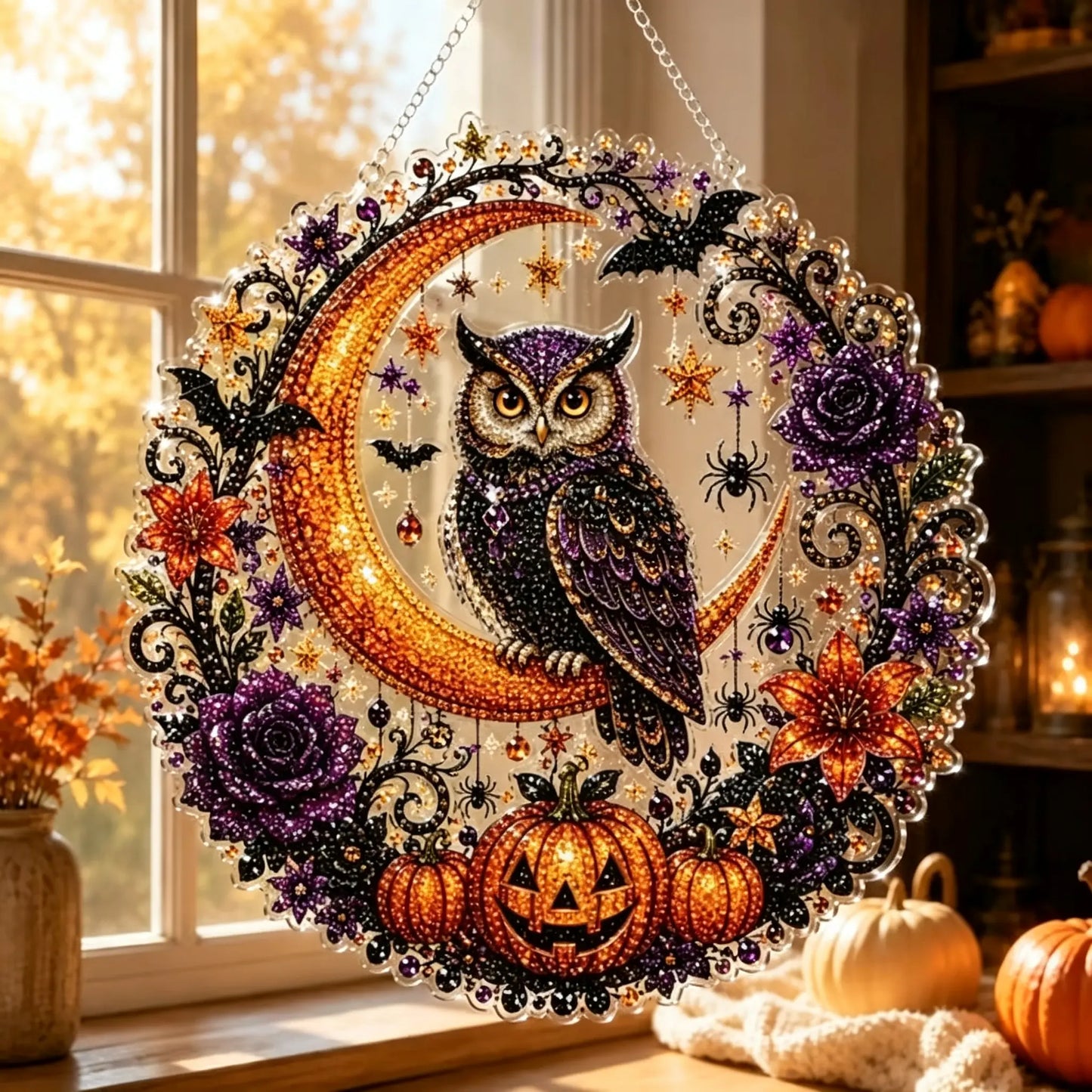 Halloween Diamond Painting Hanging Ornament Kit, Black Cat Moon🎃
