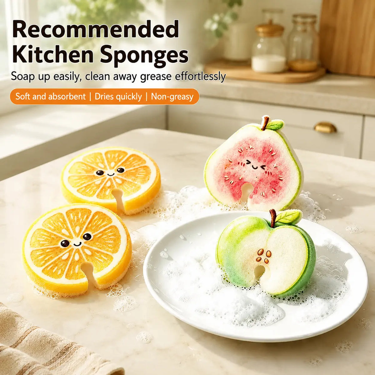 Compressed Cellulose Sponges - 3-Pack Fruit-Shaped Natural Pop-Up Kitchen Sponges🌍
