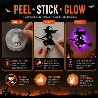 Halloween LED Silhouette Wall Light Stickers, Battery Powered Peel & Stick Decor Lights🦇