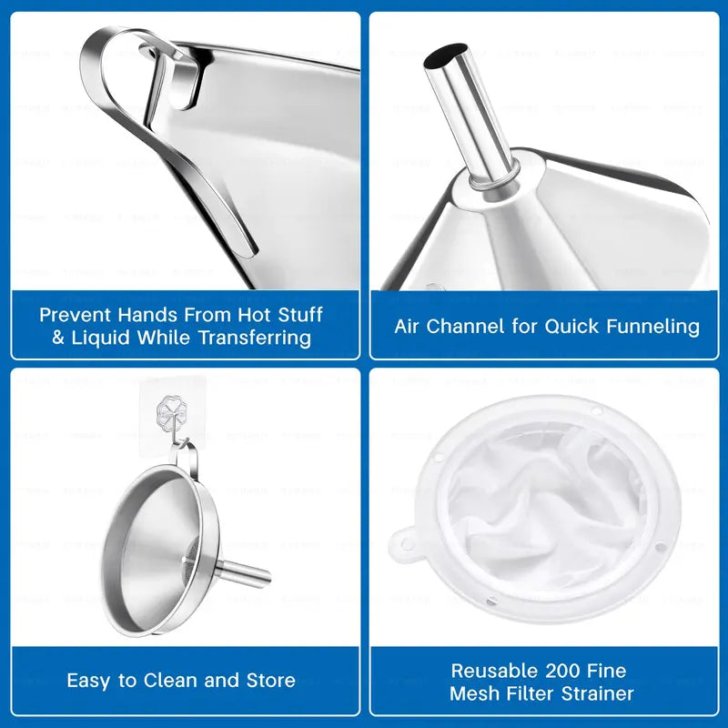 Funnel for Filling Bottles, 5 Inch Food Grade Stainless Steel Kitchen Funnel with 200 Mesh Filter Strainer🔥