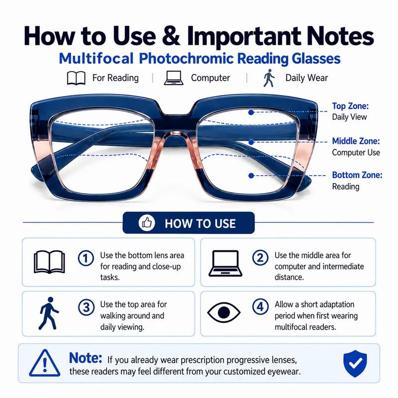 Unisex Progressive Multifocal Photochromic Reading Eyeglasses, UV-Protective Photochromic Lenses 👓