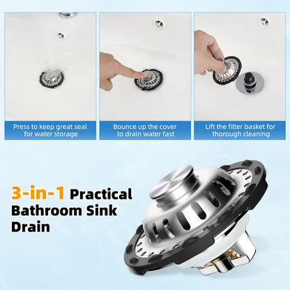 Hibbent 3-in-1 Pop-up Sink Stopper - 1 Pack Chrome, Visible Top Hair Catcher🚿