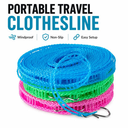 3 Roll Portable Clothesline – 196.85 Inch Adjustable Laundry Line, Windproof & Non-Slip, Easy Setup🌀