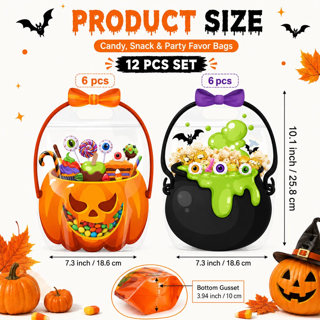 12/24/36/48/60 Pcs Halloween Plastic Goodie Bags, Trick or Treat Candy Bags🎃🍬
