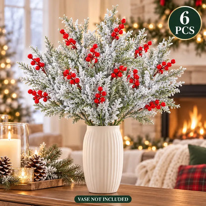 6 Pcs Artificial Frosted Christmas Pine-Cedar Stems with Red Berries, Snowy Evergreen Picks 💐