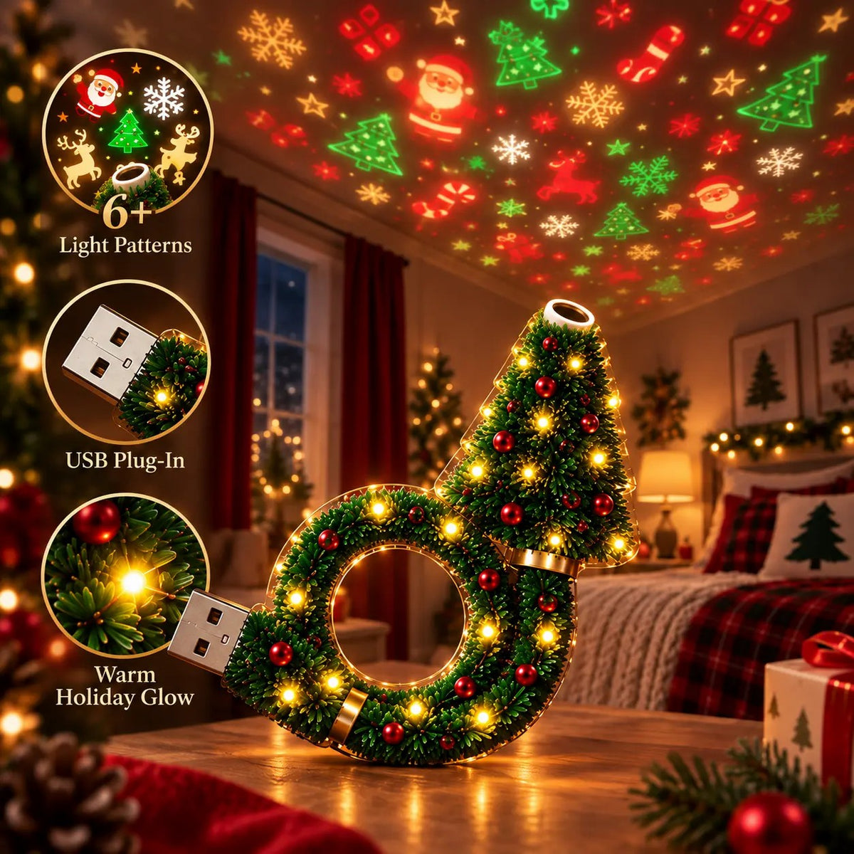 2026 New USB Plug-In Christmas Projector Night Light, 6+ Holiday Pattern Ceiling Lamp🎄