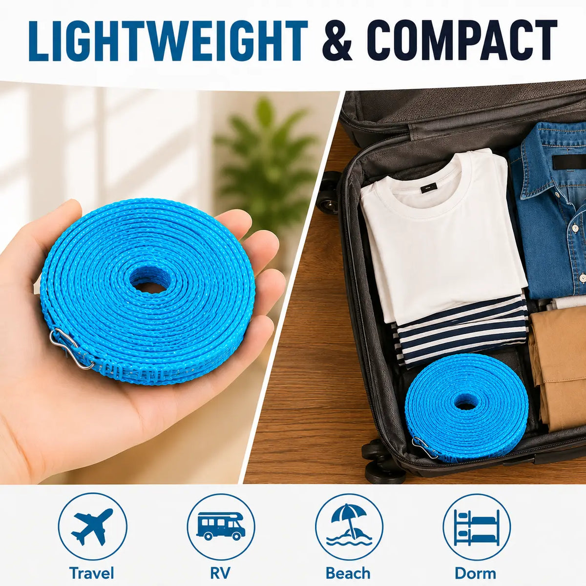 3 Roll Portable Clothesline – 196.85 Inch Adjustable Laundry Line, Windproof & Non-Slip, Easy Setup🌀