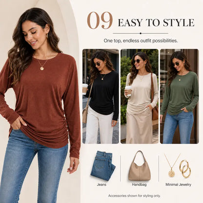 Womens Long Sleeve Shirts Ruched Hem Fall Tops Lightweight Sweaters🧶