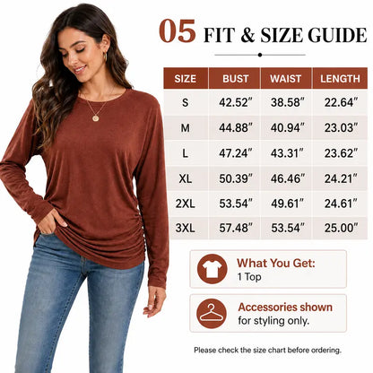 Womens Long Sleeve Shirts Ruched Hem Fall Tops Lightweight Sweaters🧶