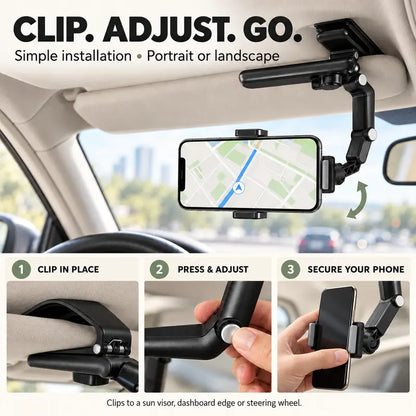 Foldable Car Phone Holder for Sun Visor, Adjustable Arm with 360° Phone Rotation 🚗📱