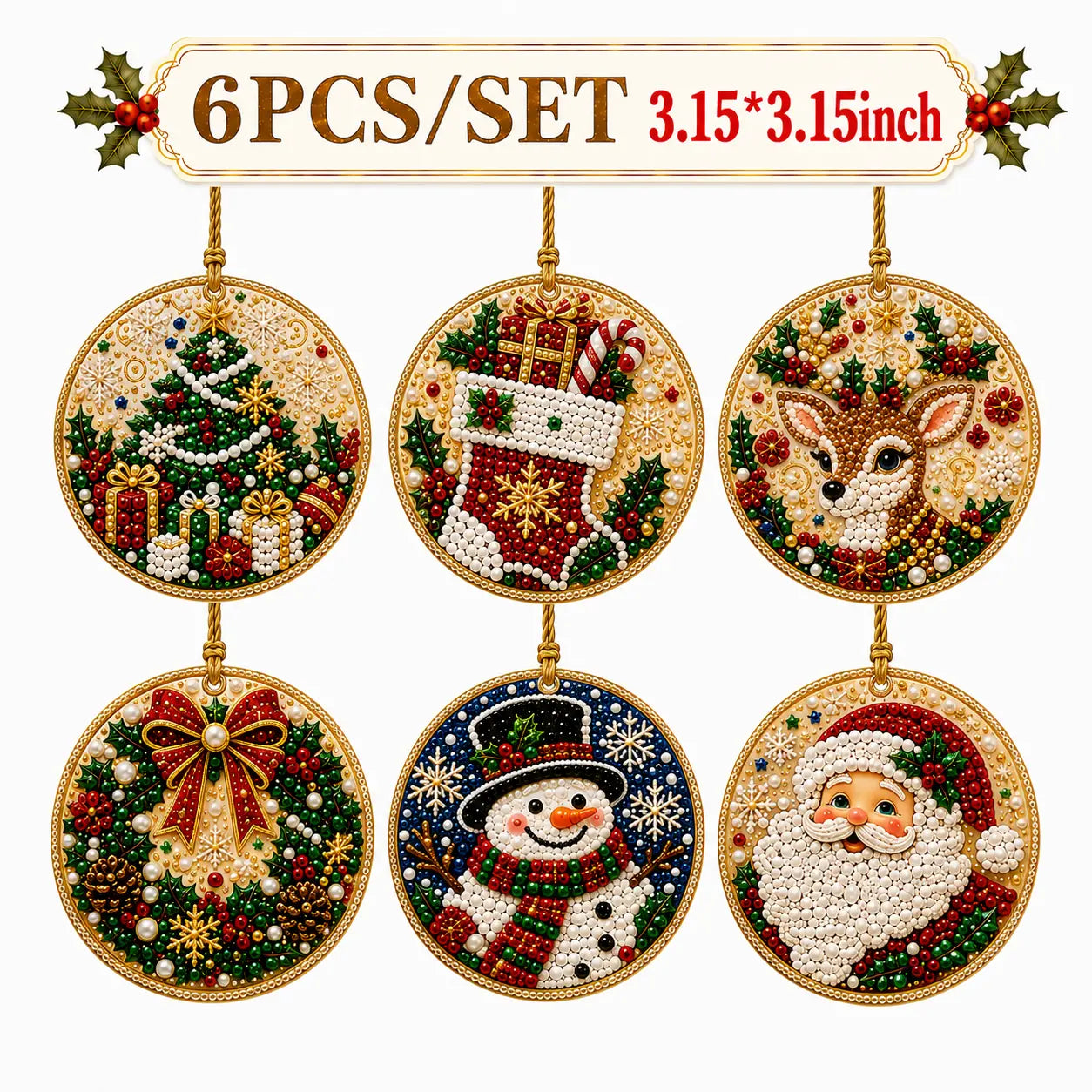 6Pcs/12Pcs Christmas DIY Diamond Painting Ornaments Kit, Xmas Tree Hanging Pendant🎄