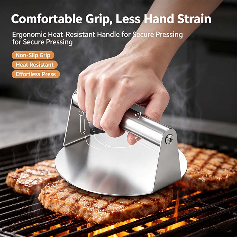 Heat resistant ergonomic burger press handle