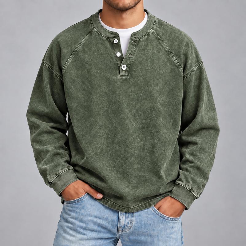 Men's Vintage Washed 3-Button Henley Long Sleeve Plain Pullover 👔