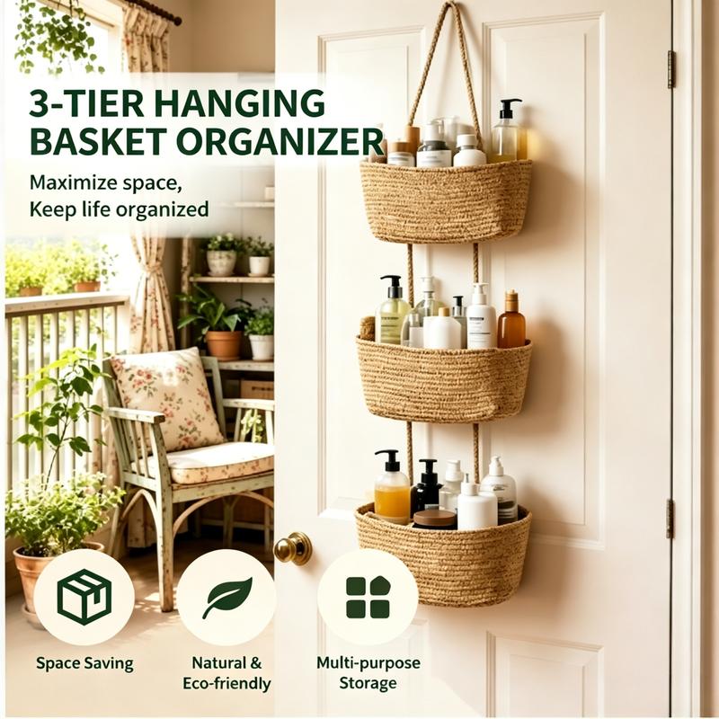 Woven cotton 3-Tier Over the Door Basket, Wall-Mounted Jute Bathroom Storage Organizer 🧺