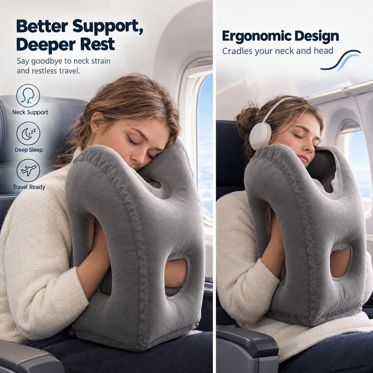 Ergonomic inflatable travel pillow for airplane sleep