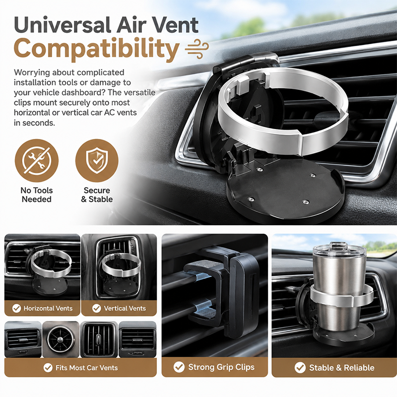 Universal Foldable Car Cup Holder with Hook, Space-Saving Vehicle Drink Holder for Bottles☕