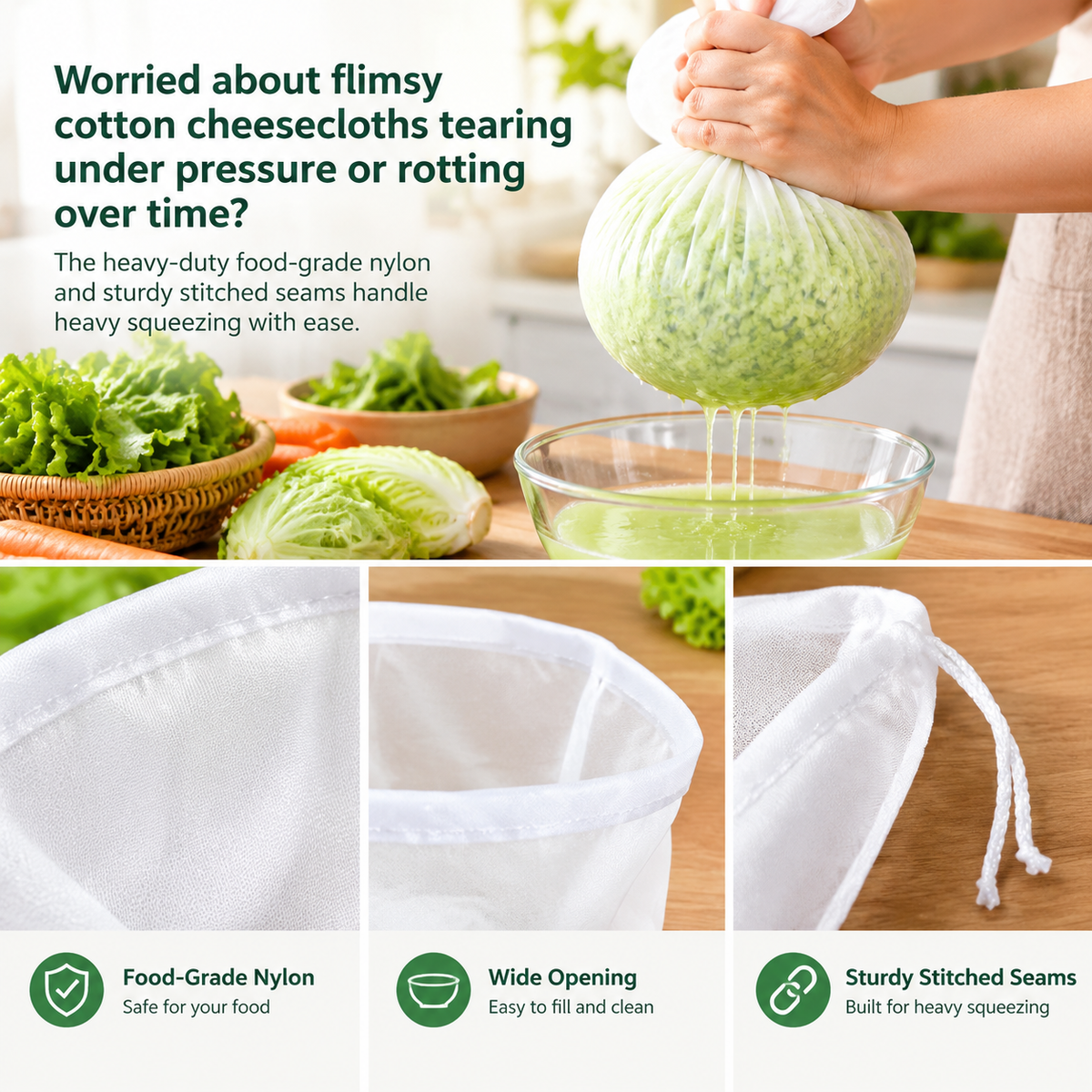 3 Pcs Bowl-Shaped Nylon Nut Milk Bag, Reusable Strainer Bags 🥣