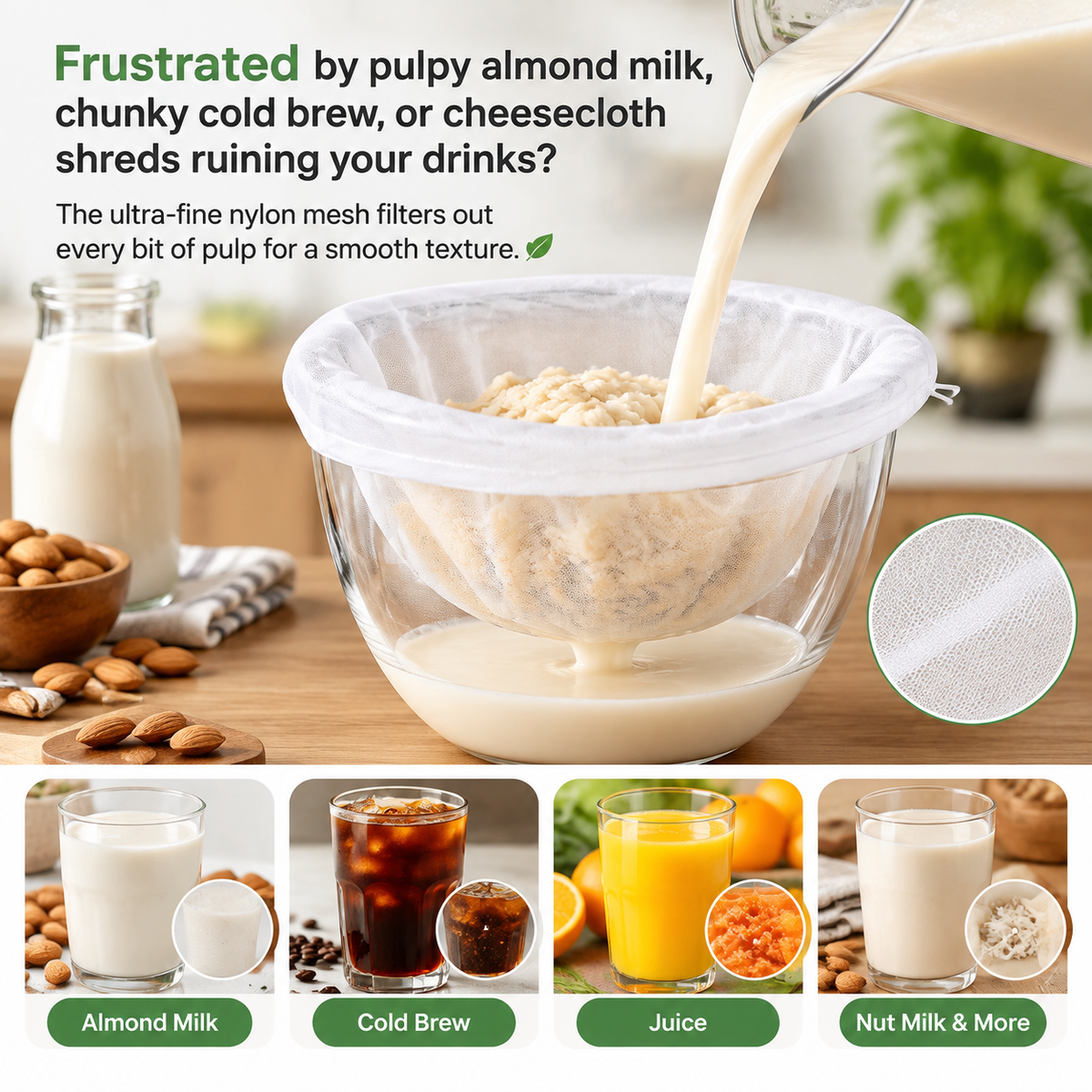 3 Pcs Bowl-Shaped Nylon Nut Milk Bag, Reusable Strainer Bags 🥣