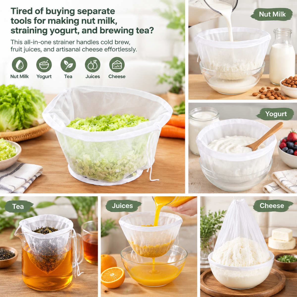 3 Pcs Bowl-Shaped Nylon Nut Milk Bag, Reusable Strainer Bags 🥣