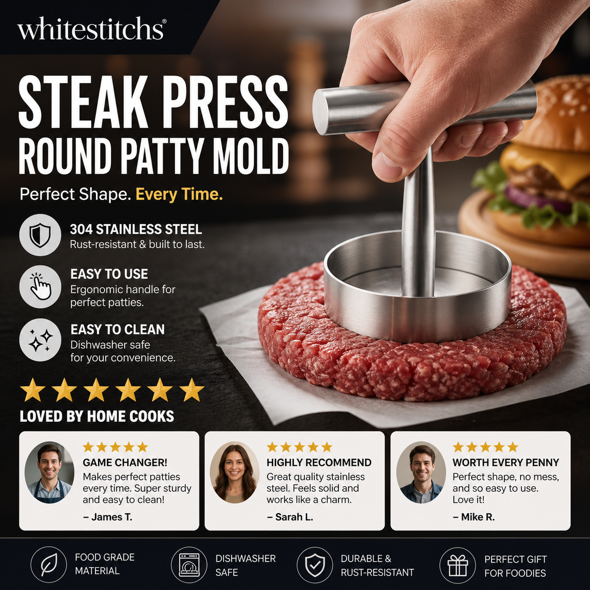 Steak Press Round Patty Mold | Food‑Grade 304 Stainless Steel Burger Patty Maker🍔🔥